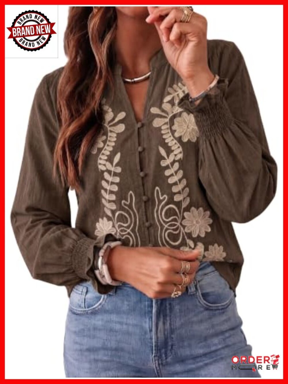 BTFBM Womens V Neck Embroidered Button Down Blouse Puff Sleeve Boho Top